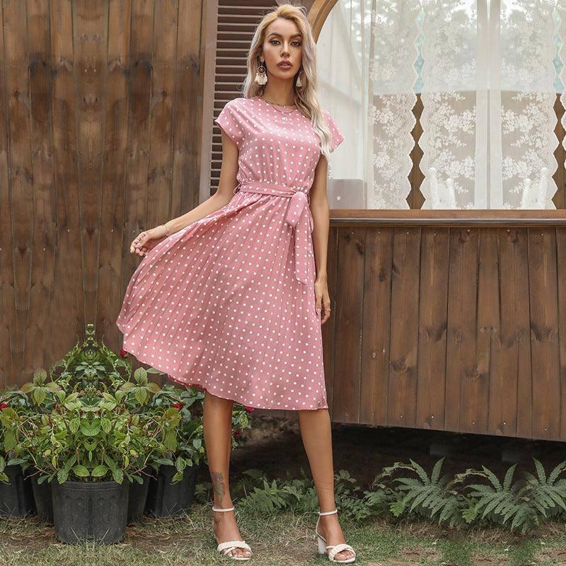 Summer Women Polka Dot Short Sleeve Dress Casual Bandage-Pink-3