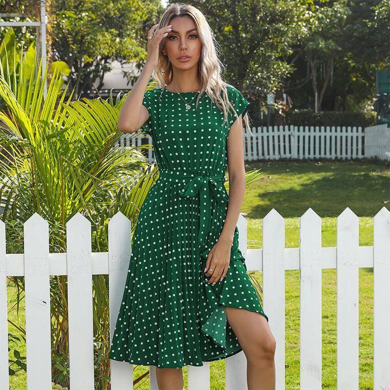 Summer Women Polka Dot Short Sleeve Dress Casual Bandage-Green-4
