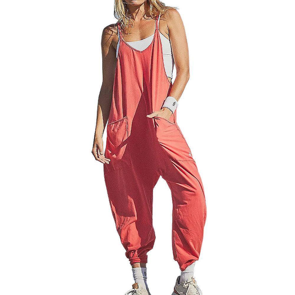 Summer Women's Loose Sleeveless Jumpsuits Spaghetti Strap-Orange red-5