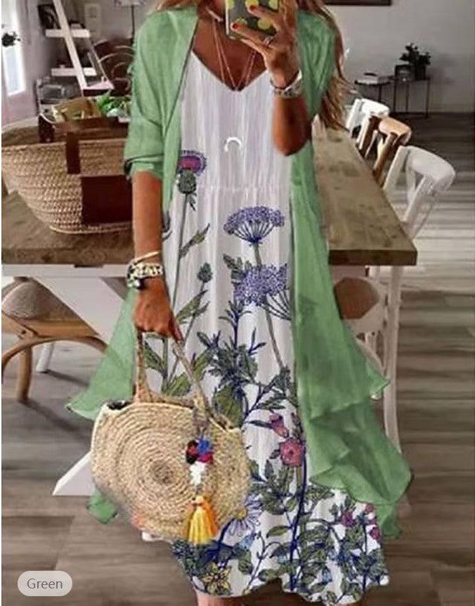 Summer Women's Print Holiday Suspender Dress Two-piece Set-Light Green-12