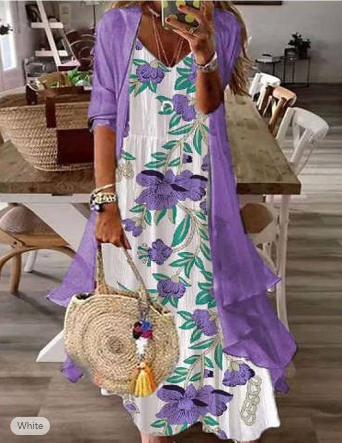 Summer Women's Print Holiday Suspender Dress Two-piece Set-Purple-5