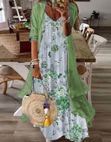 Summer Women's Print Holiday Suspender Dress Two-piece Set-Green-7