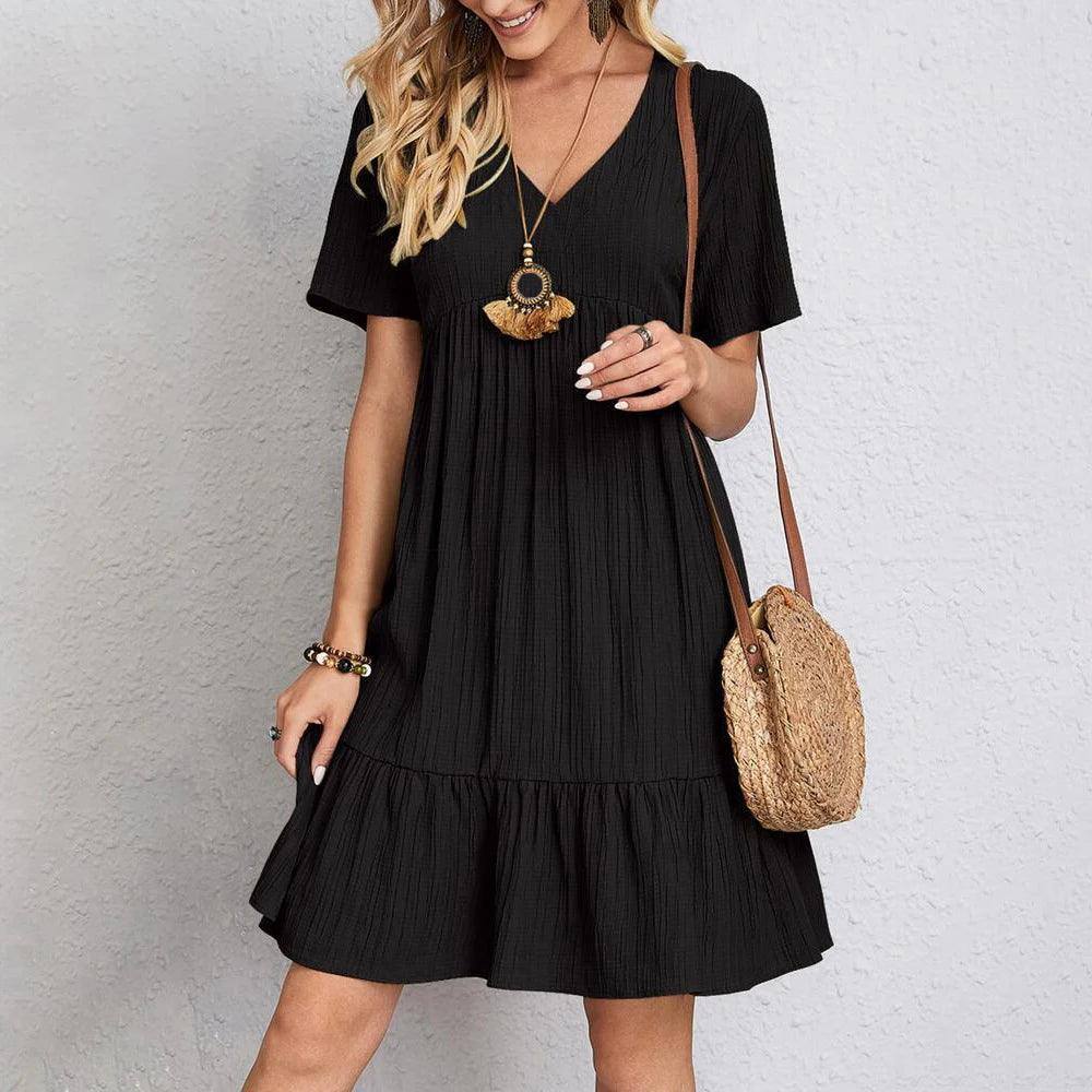 Summer Womens Short Sleeve Mini Dress Ladies Pleated Ruffle-Black-10