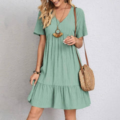 Summer Womens Short Sleeve Mini Dress Ladies Pleated Ruffle-Light green-1