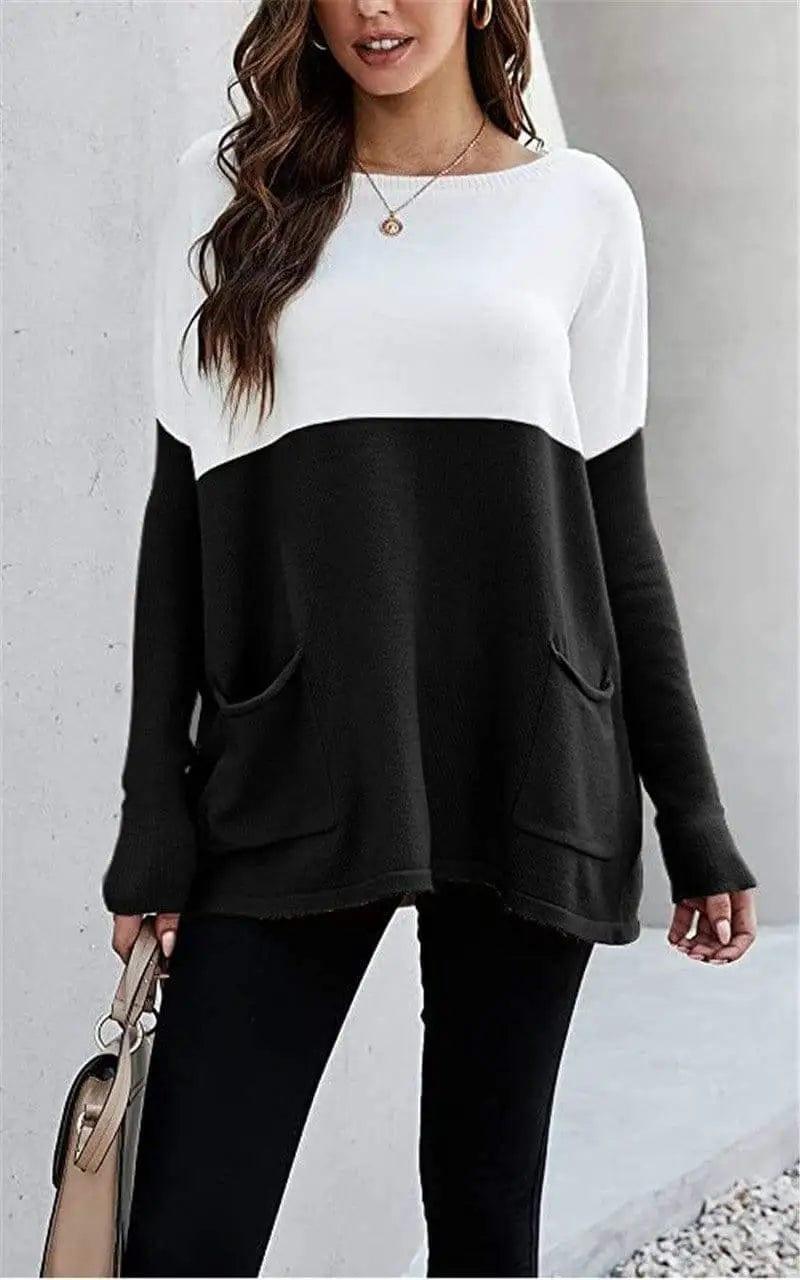 LOVEMI - Loose Knit Long Sleeve Sweater Color Blocking Pocket