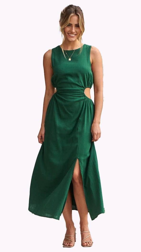 Sweet Style Solid Color Waist Tight Round Neck Dress-Dark Green-7