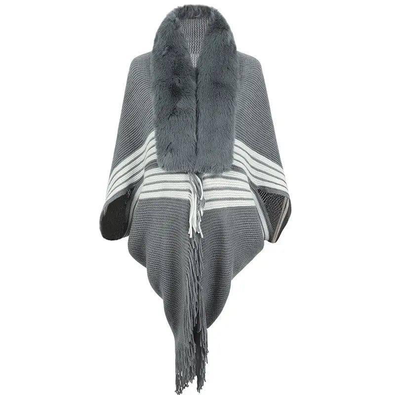 Tassel Cape And Shawl Women's Striped Fur Collar Scarf-Gray-5