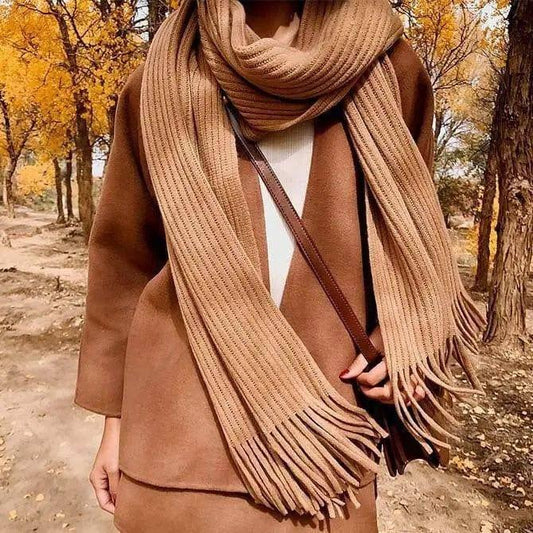 Thickened Warm Long Solid Color Tassel Knitted Wool Scarf-Khaki-1