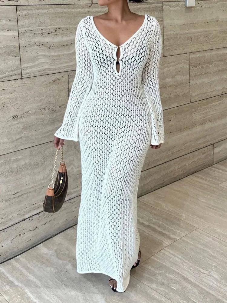 Tossy White Knit Fashion Cover up Maxi Dress Female-1