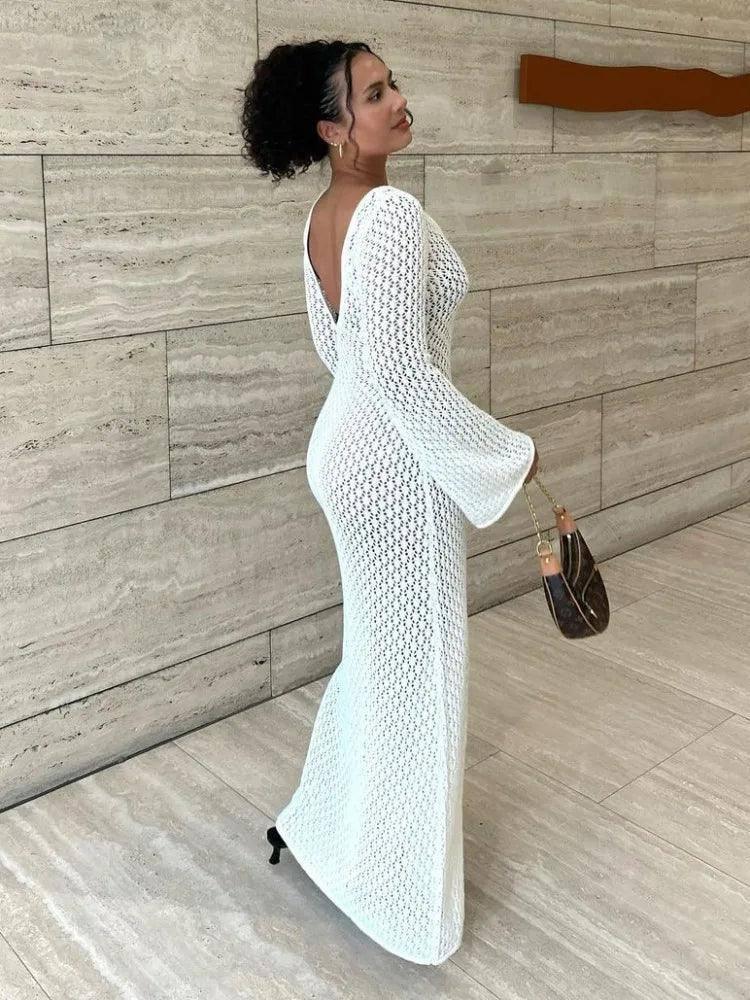 Tossy White Knit Fashion Cover up Maxi Dress Female-2