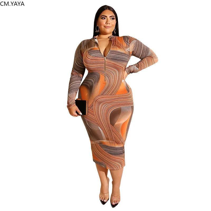 Trendy Plus-Size Zip-Front Snake Print Dress-Brown-3