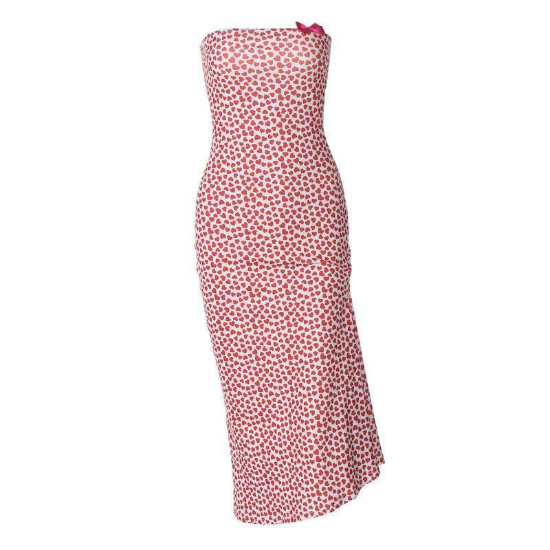 Tube Top Stitching Bow Irregular Slit Floral Dress-5