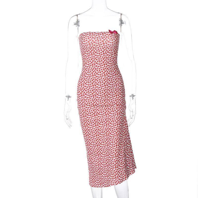 Tube Top Stitching Bow Irregular Slit Floral Dress-Red-6