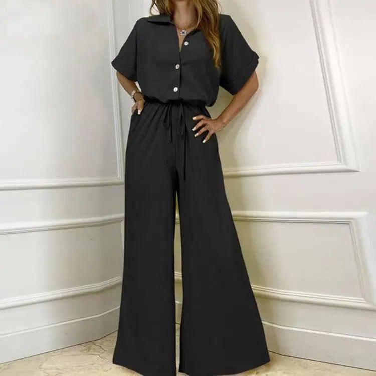 Turnover Collar High Waist Wide Leg Jumpsuit Work Suit-Black-2