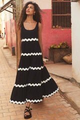 U-neck Wavy Print Long Dress Sleeveless Solid Color A-line-Black-2