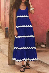 U-neck Wavy Print Long Dress Sleeveless Solid Color A-line-Royal-3