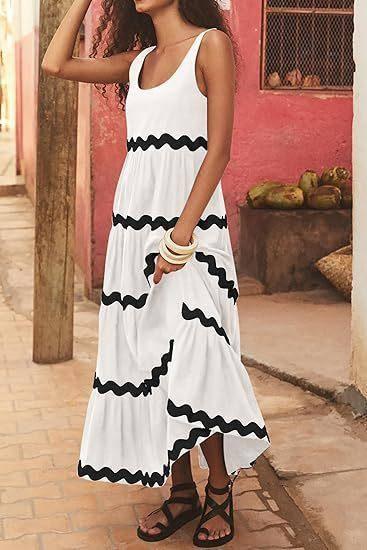 U-neck Wavy Print Long Dress Sleeveless Solid Color A-line-White-7