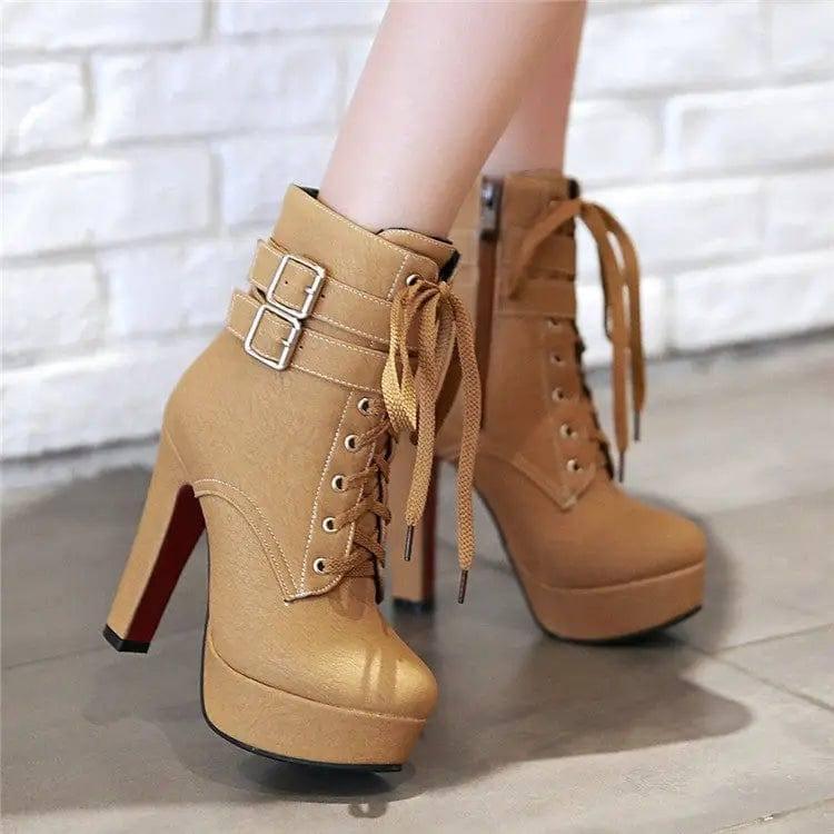 Ultra-heeled chunky heel women boots-Yellow-10