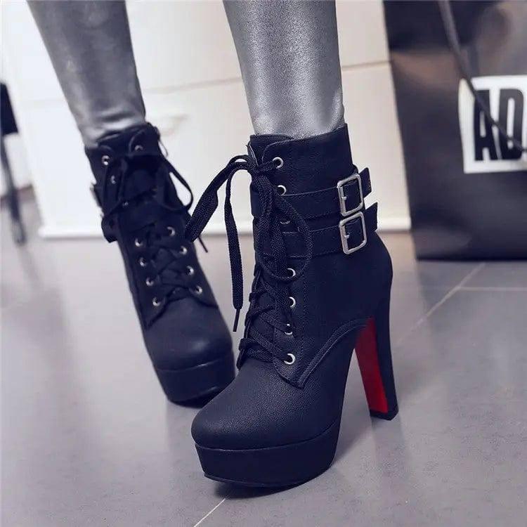 Ultra-heeled chunky heel women boots-Black-8