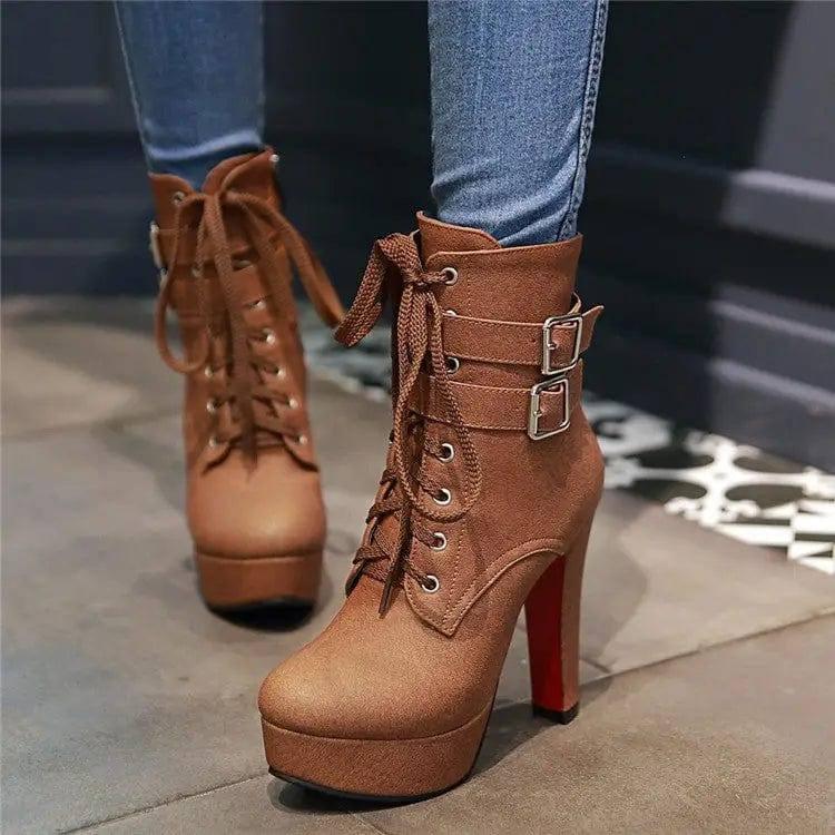 Ultra-heeled chunky heel women boots-Brown-9