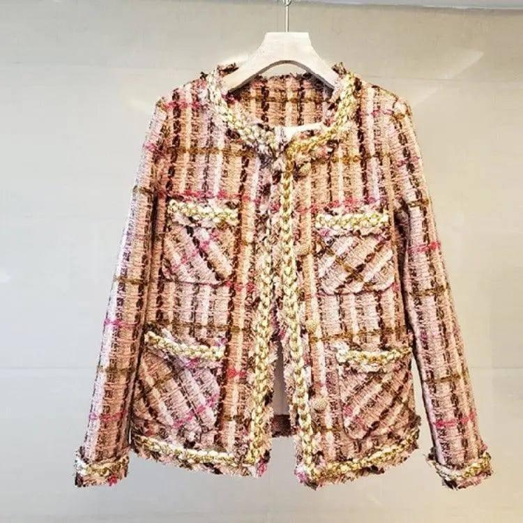 Urban Elegance - Fringed Tartan Tweed Jacket-Pink-5