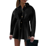 V-neck Button Lace Ladies Woolen Coat-Black-2