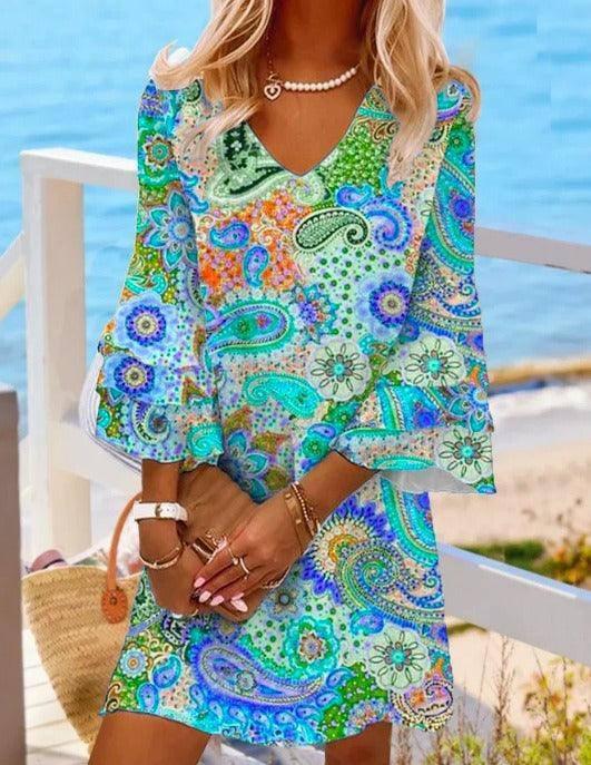 V-neck loose fitting short skirt printed beach vacation-blue-2