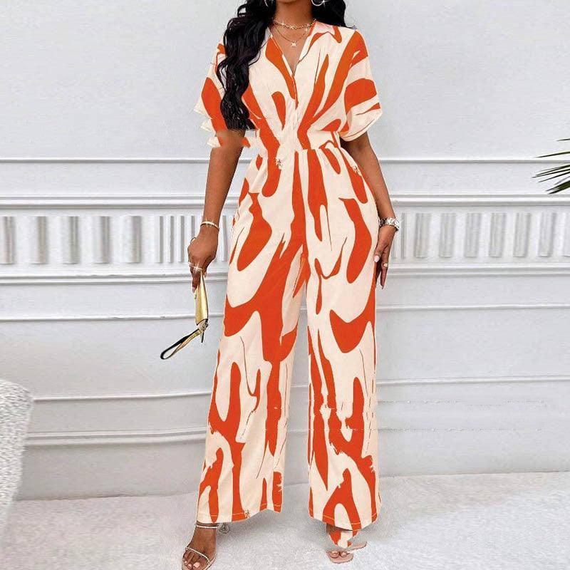 V-neck Loose Printed Long Jumpsuit-S-4