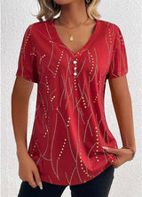 V-neck Printed Button T-shirt Summer Fashion Leisure-Red-6