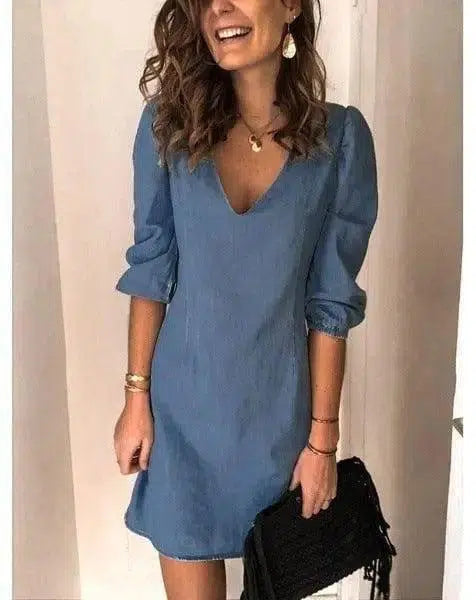 V-neck Short-sleeved Casual Loose Cotton And Linen Dress-Darkblue-4