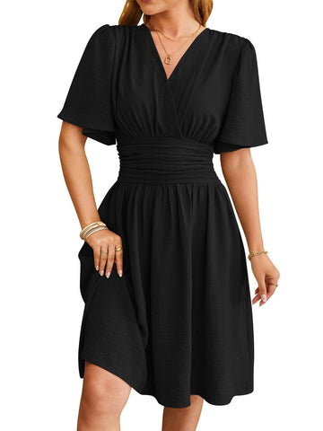 V-neck Short-sleeved Dress Fashion Bell-sleeved Dress Summer-Black-3