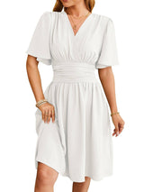 V-neck Short-sleeved Dress Fashion Bell-sleeved Dress Summer-White-4