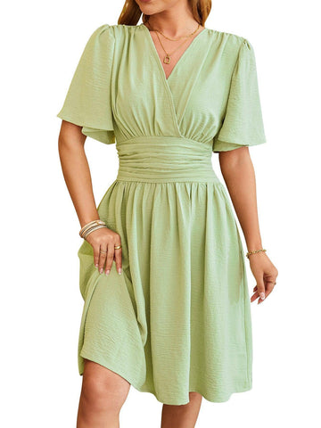 V-neck Short-sleeved Dress Fashion Bell-sleeved Dress Summer-Green-5