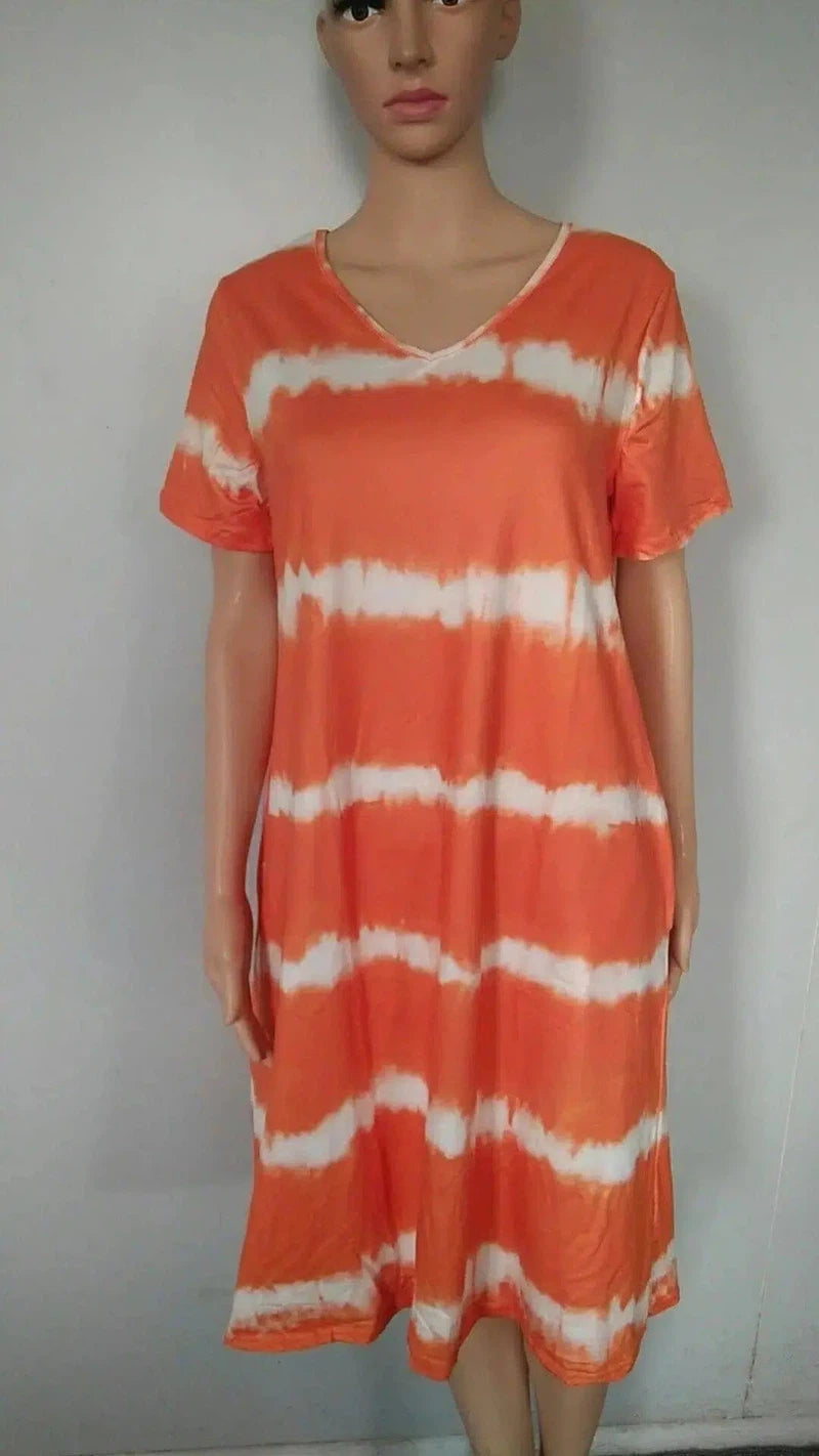 V Neck Tie Dye Print Short Sleeve Dress-Orange-2