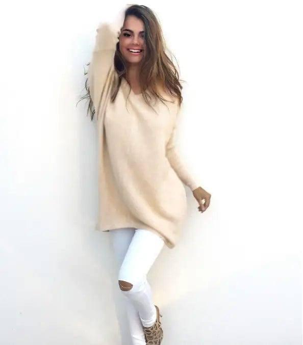 V-Neck Warm Sweaters Casual Sweater-Beige-3