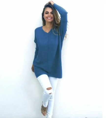 V-Neck Warm Sweaters Casual Sweater-Blue-5