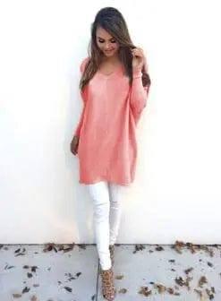 V-Neck Warm Sweaters Casual Sweater-Pink-8