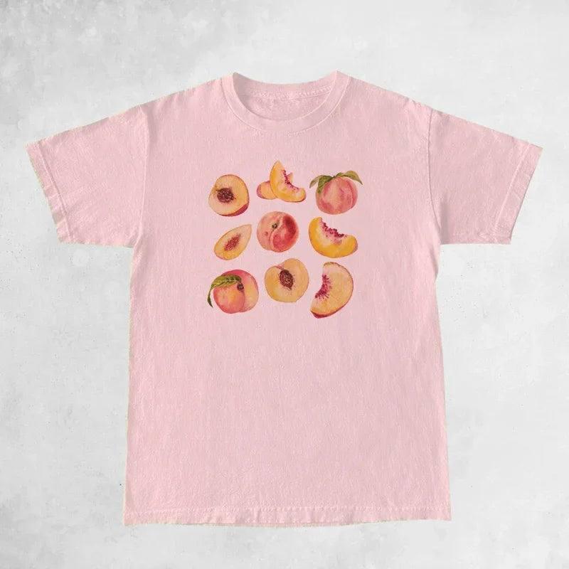 Vintage Peaches Printed Graphic Tees Women Cute Cottagecore-Pink-4