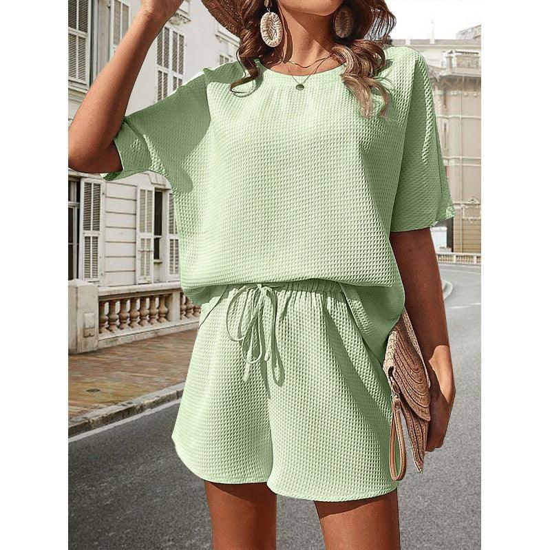 Waffle Suit Women's Bat Sleeve Short-sleeved Crew-neck Top-Matcha-11