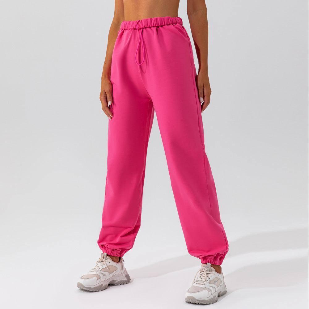 Waistband Loose Fitting Sports Pants-Rose Red-3