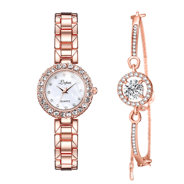 Watches-Set Bangle Clock Bracelet Wrist-Watch Quartz Women-Rose gold white bracelet-10