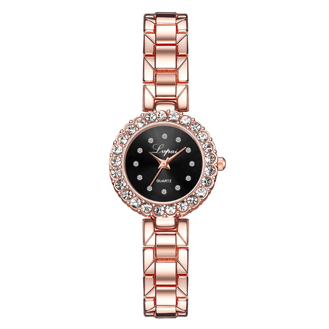 Watches-Set Bangle Clock Bracelet Wrist-Watch Quartz Women-Rose gold black-11