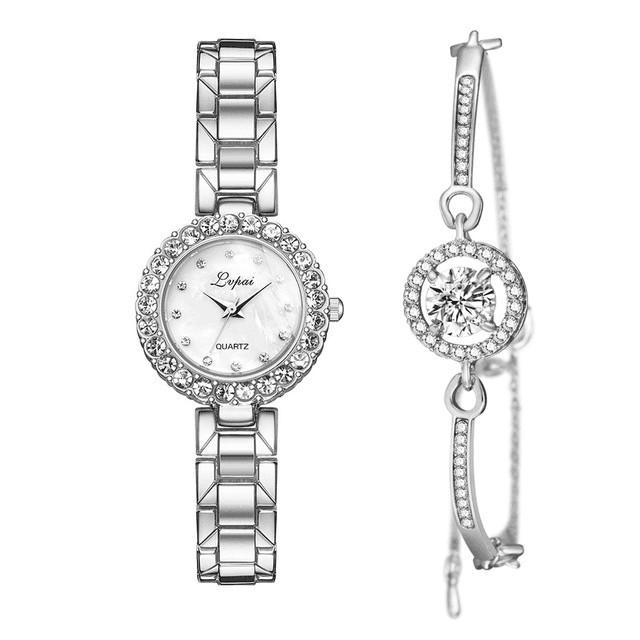 Watches-Set Bangle Clock Bracelet Wrist-Watch Quartz Women-Silver white bracelet-12