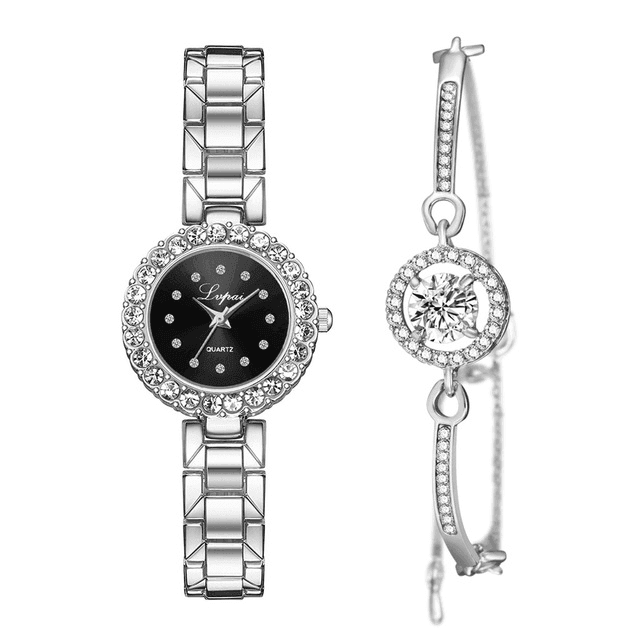 Watches-Set Bangle Clock Bracelet Wrist-Watch Quartz Women-Silver black bracelet-5