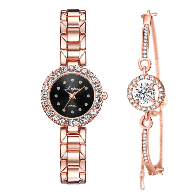 Watches-Set Bangle Clock Bracelet Wrist-Watch Quartz Women-Rose gold black bracelet-6