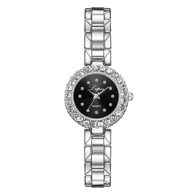 Watches-Set Bangle Clock Bracelet Wrist-Watch Quartz Women-Silver black-7