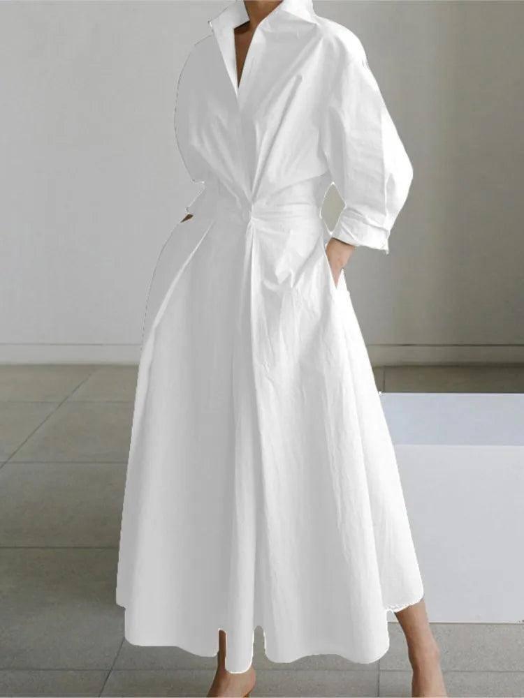 White Dot Print Maxi Dress - Elegant Long Sleeve Autumn-6