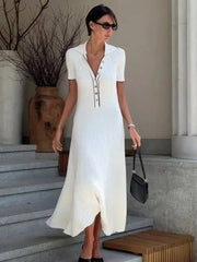 White Knit Maxi Dress - Short Sleeve Elegant Party Wear-1