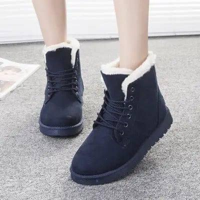 Winter Snow Boots Lace Up Platform Shoes Women Plush Suede-Dark blue-4
