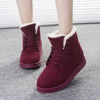 Winter Snow Boots Lace Up Platform Shoes Women Plush Suede-Wine red-7